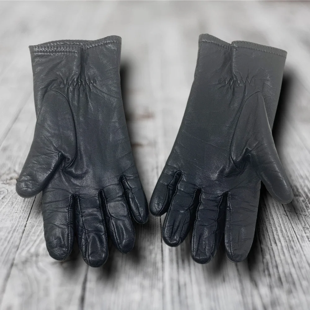Vintage Y2K Black Short Leather Warm Driving Gloves Fleece Lined Sz M